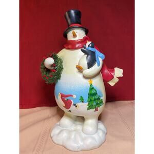 Russ Berrie Holiday Snowman figure w hand painted Santa, Wreath Penguin 12in EUC